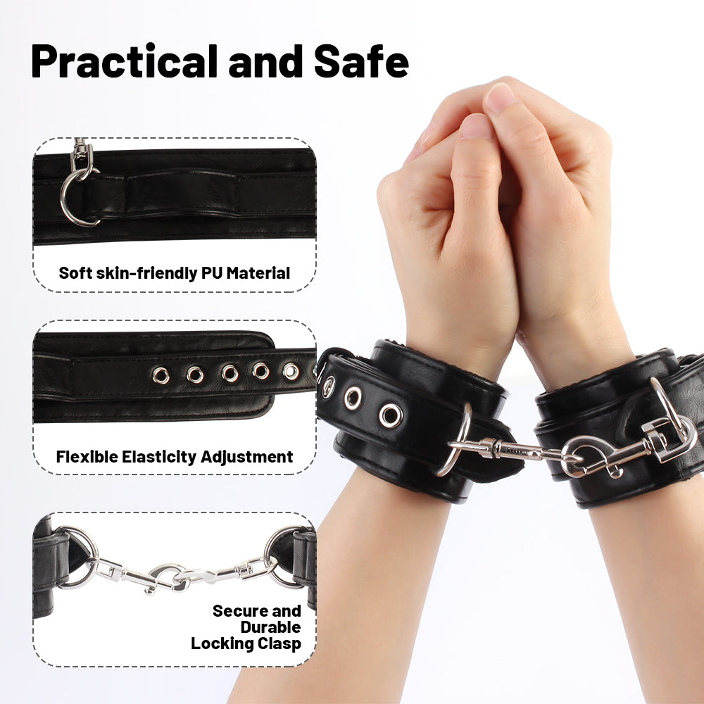 Black padded wrist cuffs shown on wrists with adjustable fit, metal clasp and material feature details