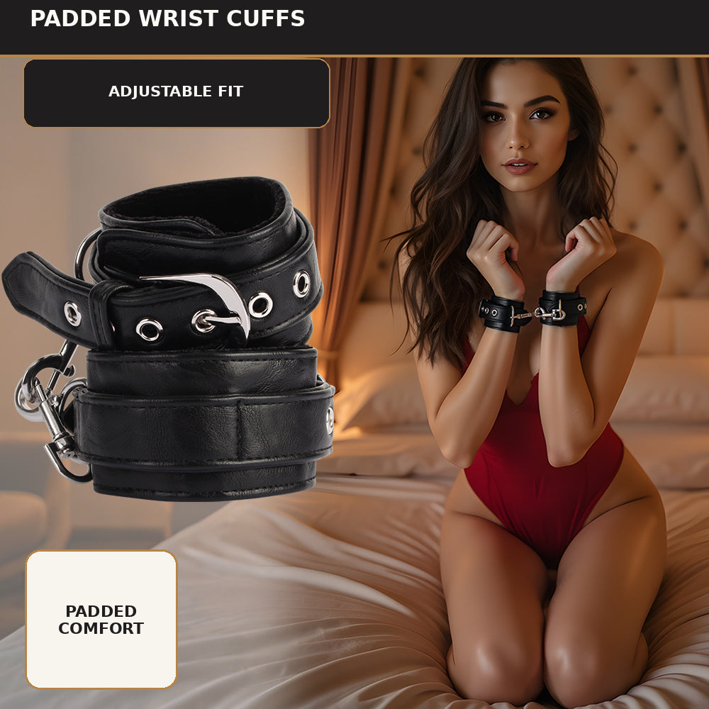 Black adjustable padded wrist cuffs displayed beside a lifestyle model in a bedroom setting