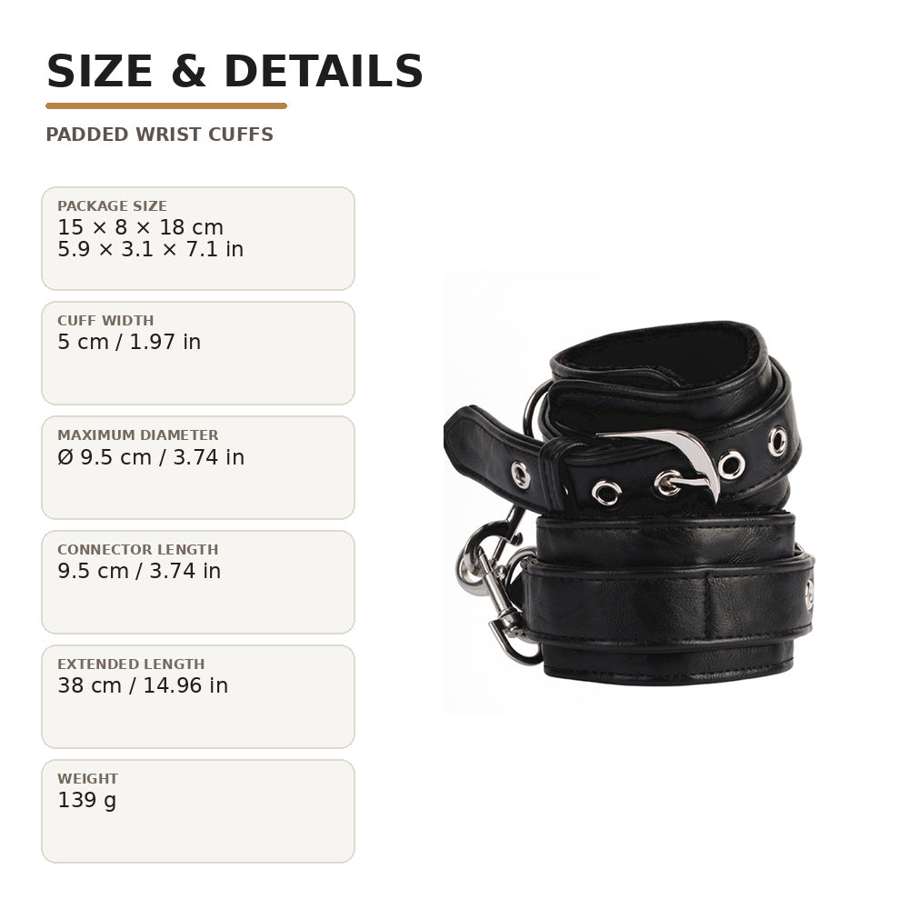 Size guide for black padded wrist cuffs showing 38 cm perimeter, 9.5 cm maximum diameter, 5 cm width and 139 g weight