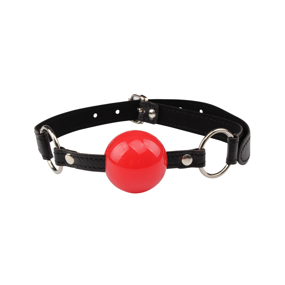 Black adjustable ball gag with red ball included in the beginner BDSM bondage kit