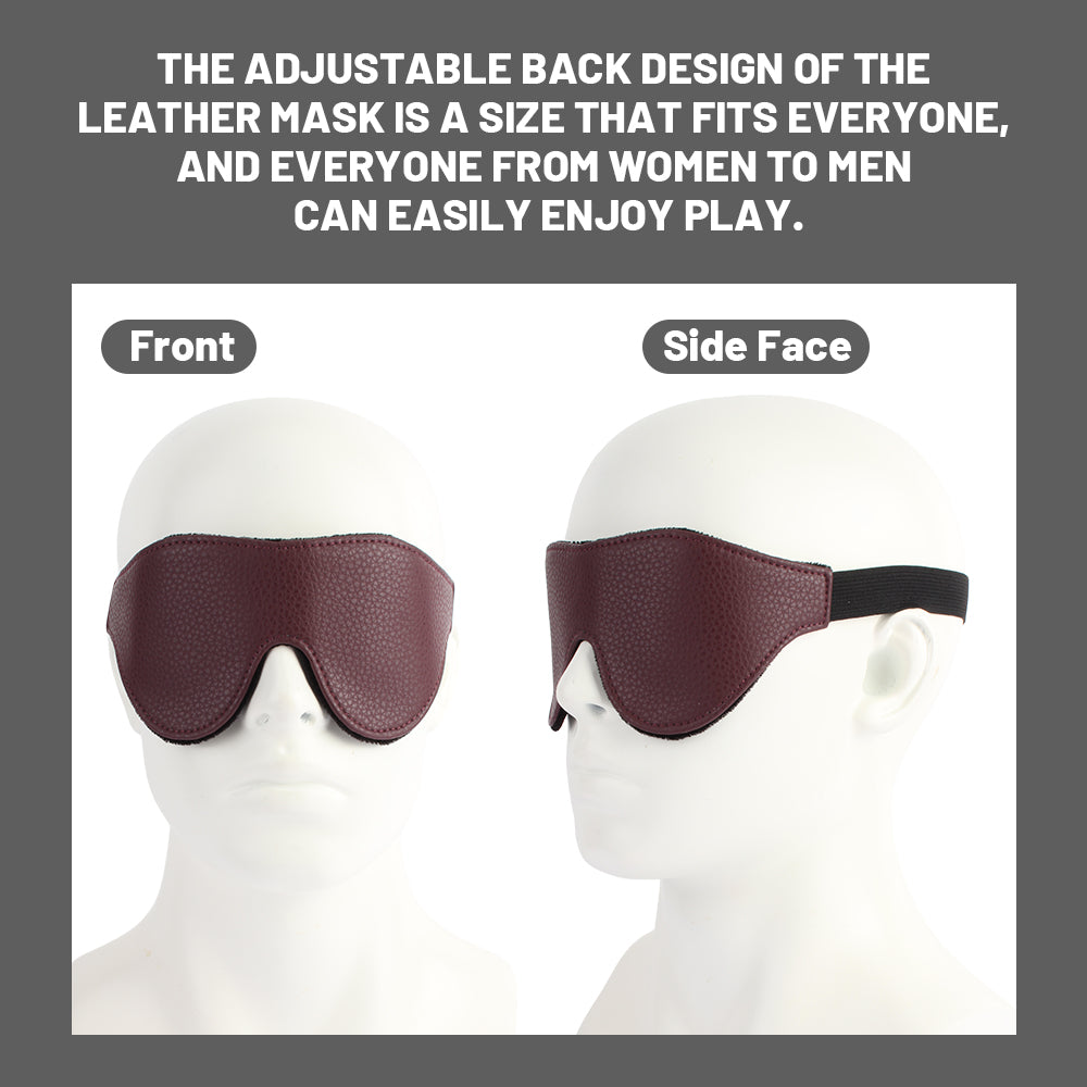 Burgundy padded blindfold shown from front and side with an adjustable elastic back strap