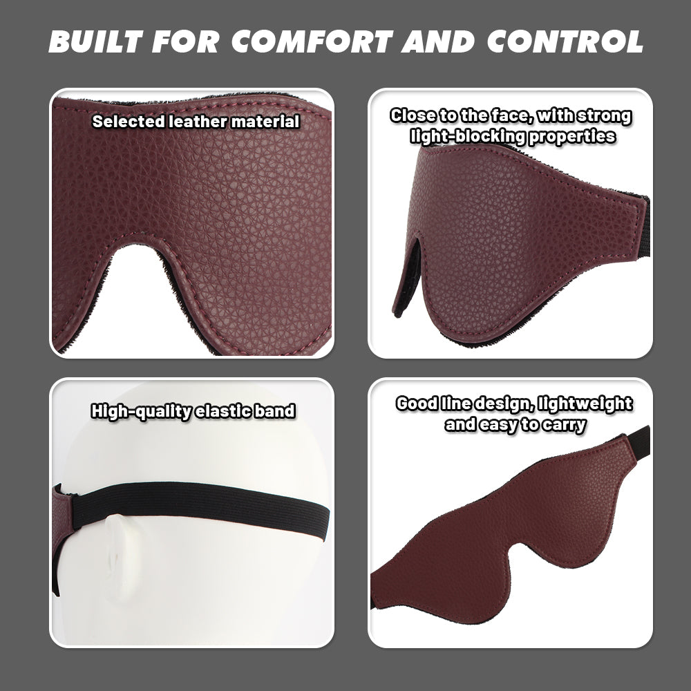 Close-up details of a burgundy padded blindfold showing textured finish, padding and elastic strap