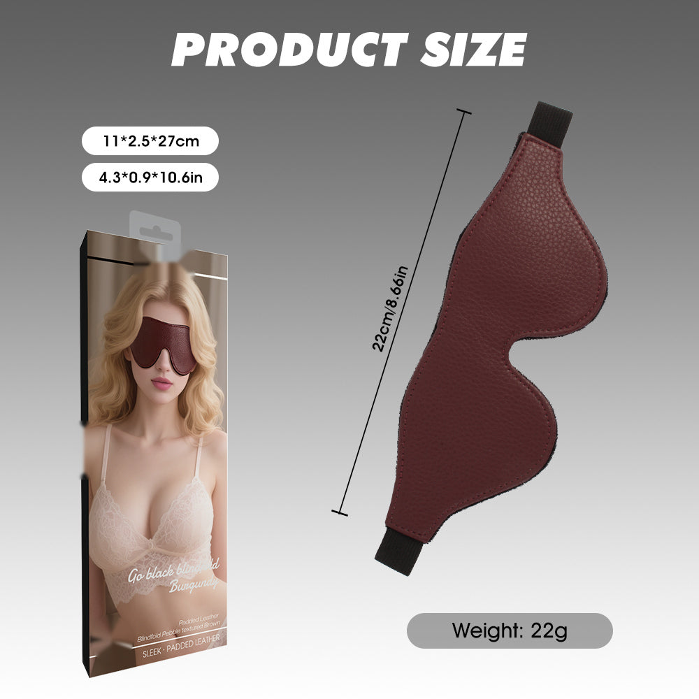 Burgundy padded blindfold size guide showing approximately 27 cm length and 22 g weight
