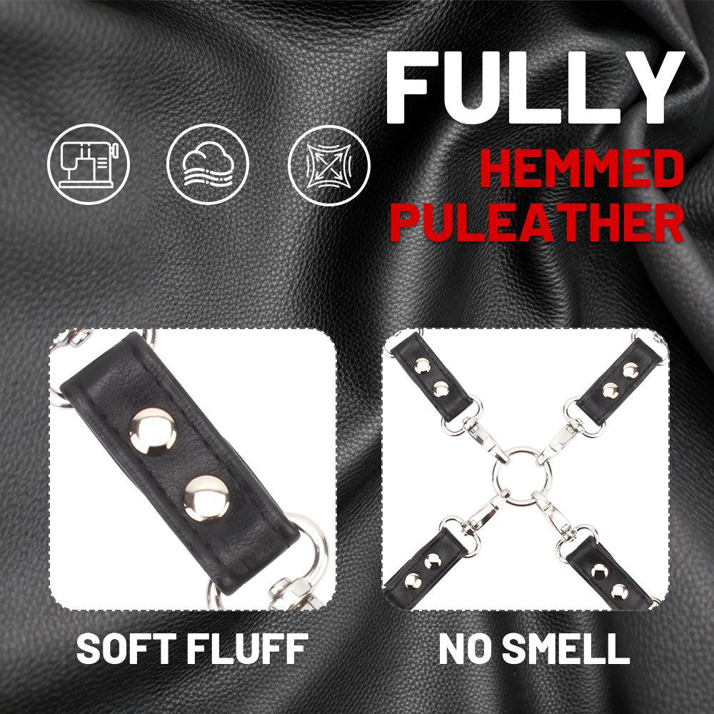 Close-up details of the leather hogtie connector strap showing leather finish and metal hardware