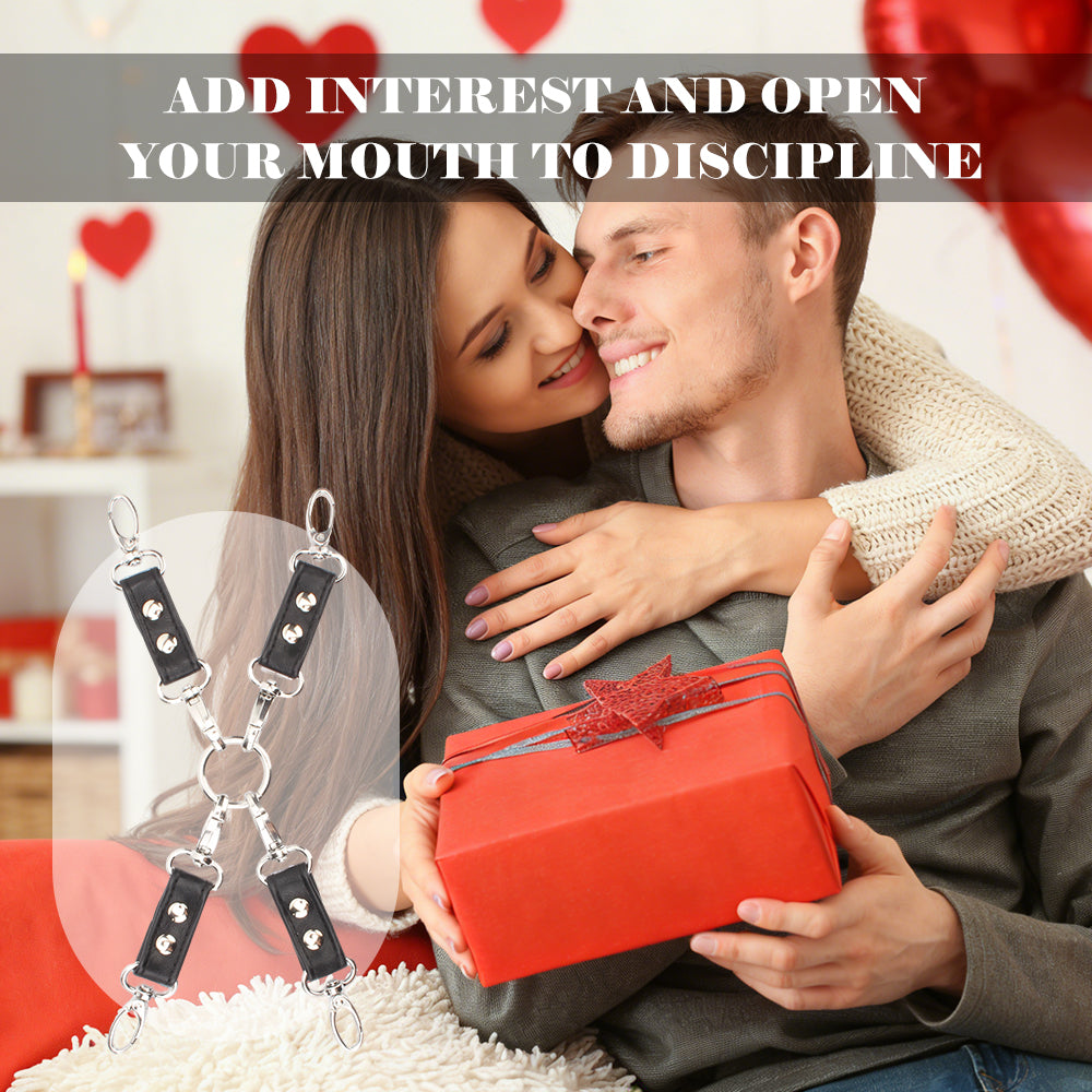 Lifestyle image of the leather hogtie connector strap presented as a gift for adult couples