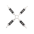 Leather hogtie connector strap with metal clips on a white background