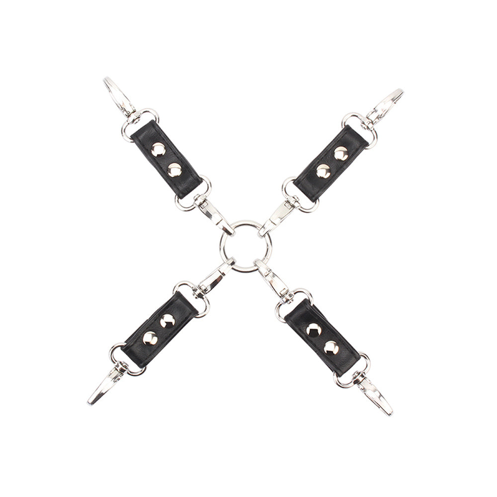 Leather hogtie connector strap with metal clips on a white background