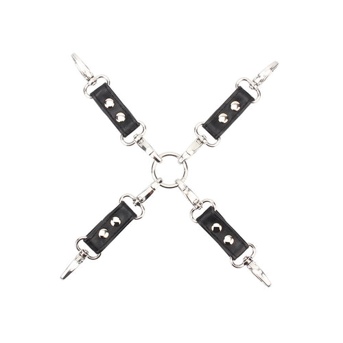 Leather hogtie connector strap with metal clips on a white background