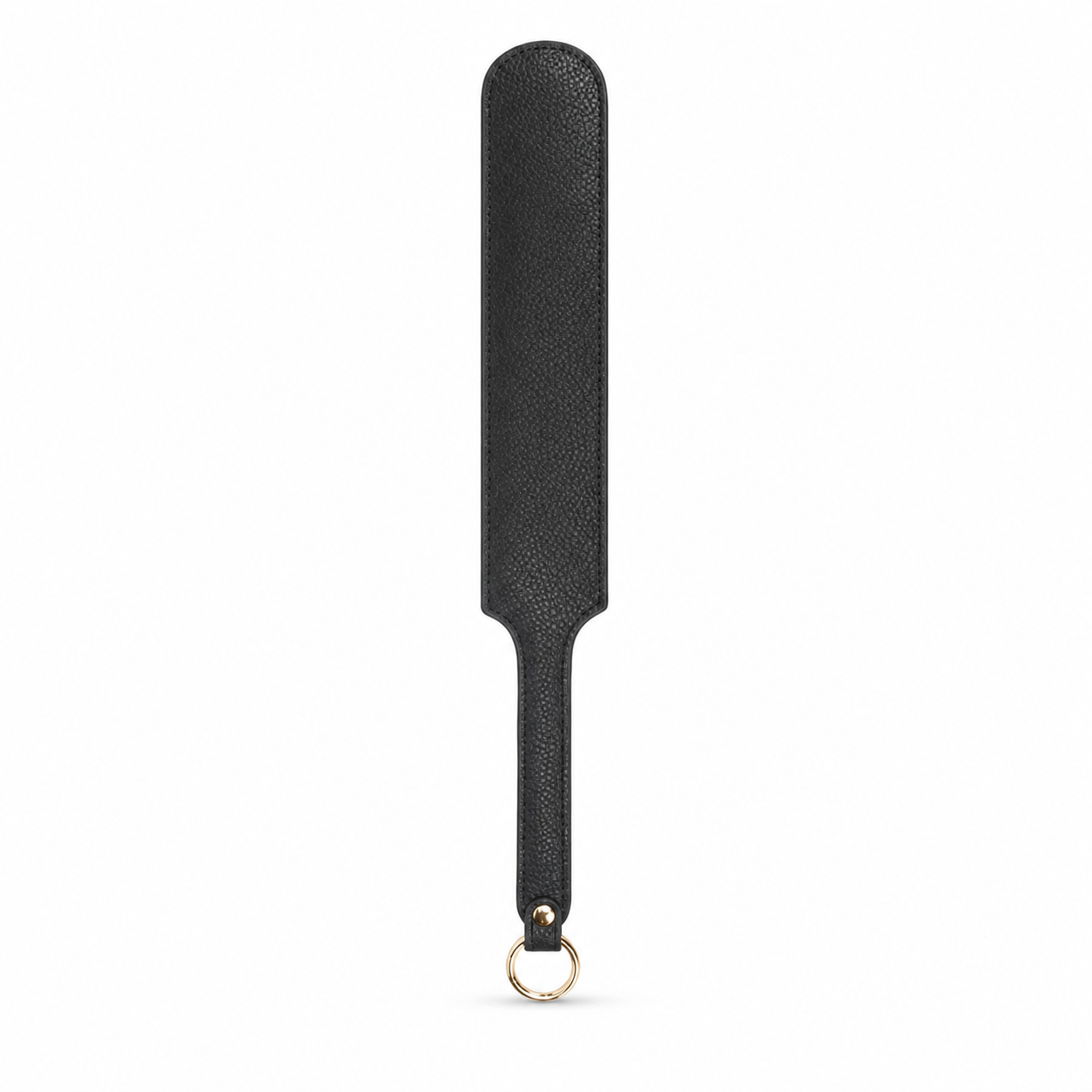Black pebbled leather paddle with edge stitching and a gold-tone hanging ring on a clean white background.