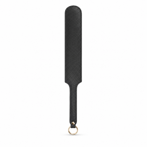 Black pebbled leather paddle with edge stitching and a gold-tone hanging ring on a clean white background.