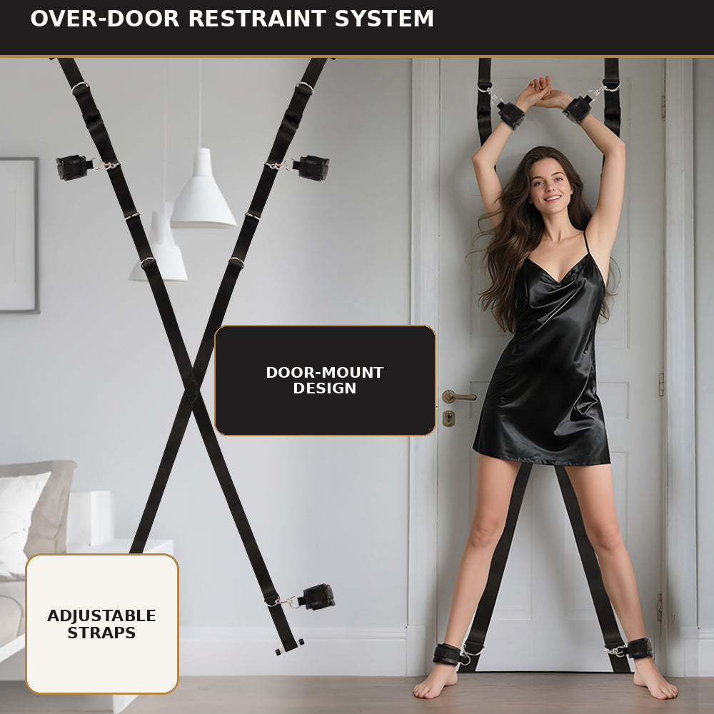 Adjustable over-the-door restraint system with four cuffs shown beside a model.