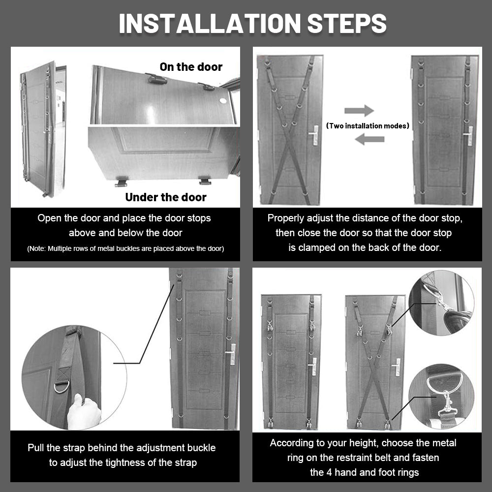 Four-step guide for installing adjustable restraint straps over and under a door.