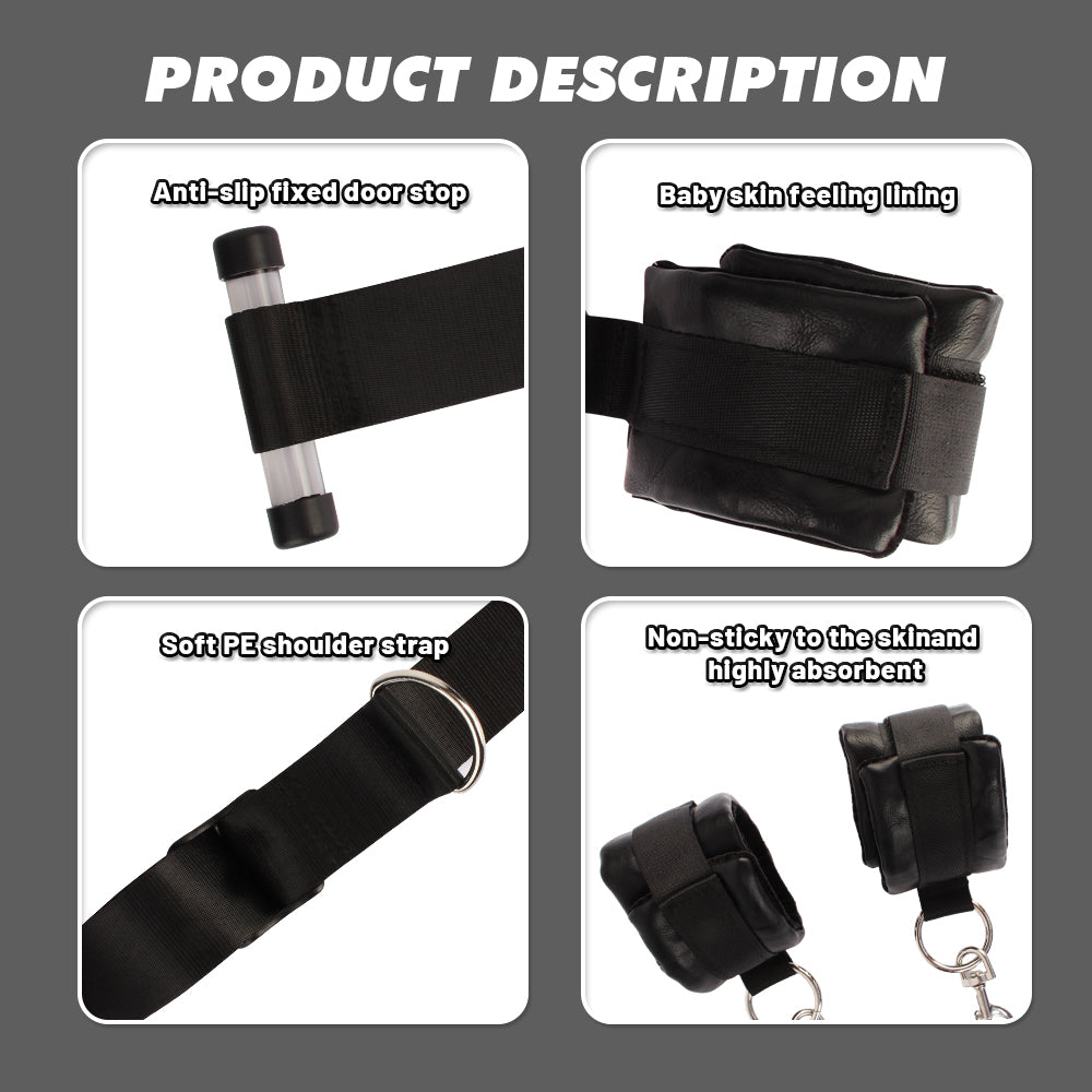 Close-up of door anchors, padded cuffs, PE straps and metal D-ring hardware.