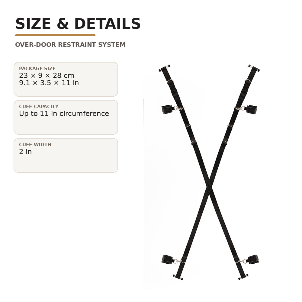 Over-the-door restraint system size guide with 11 in cuff capacity and 2 in cuff width.