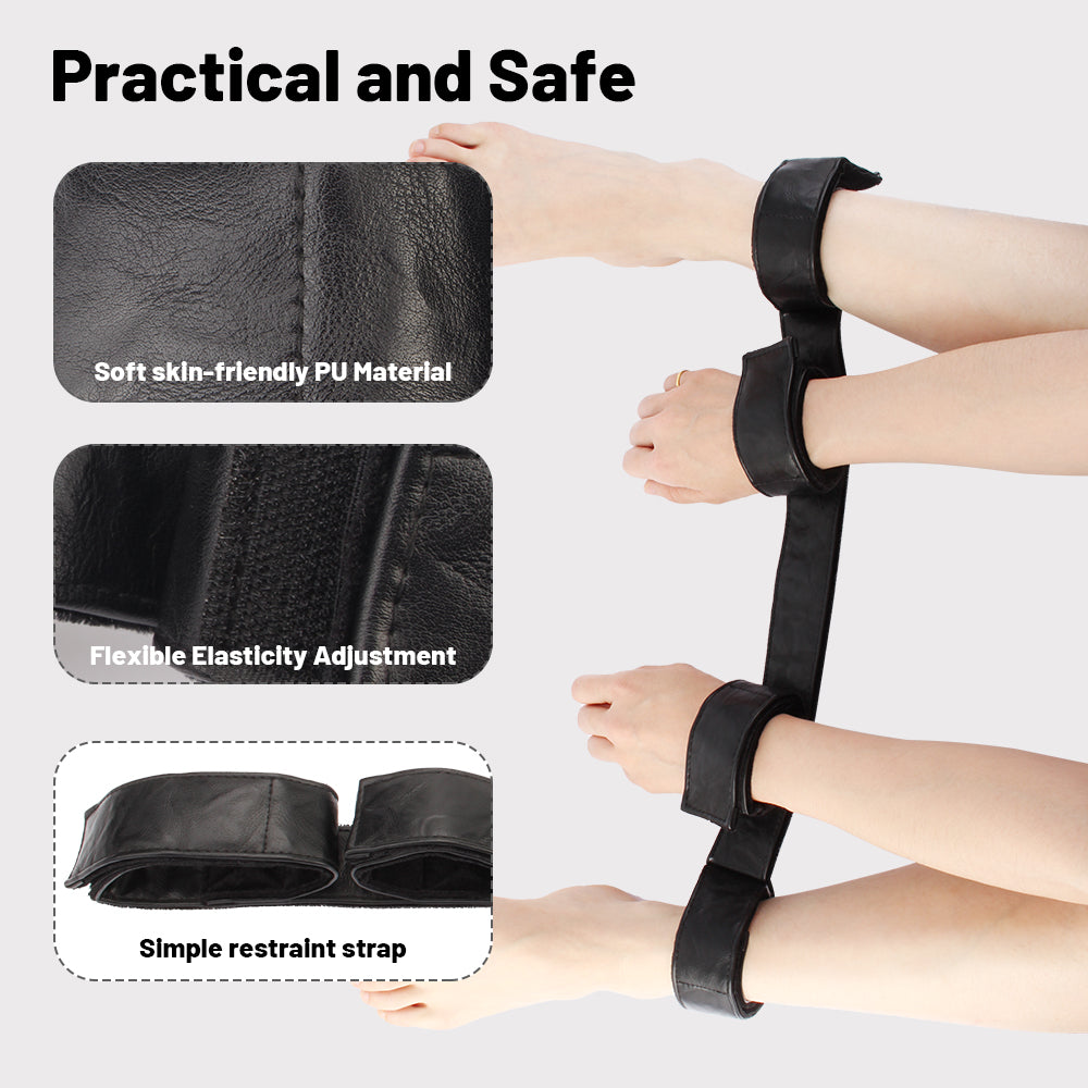 Black padded spreader strap with four cuffs and close-up PU material details.