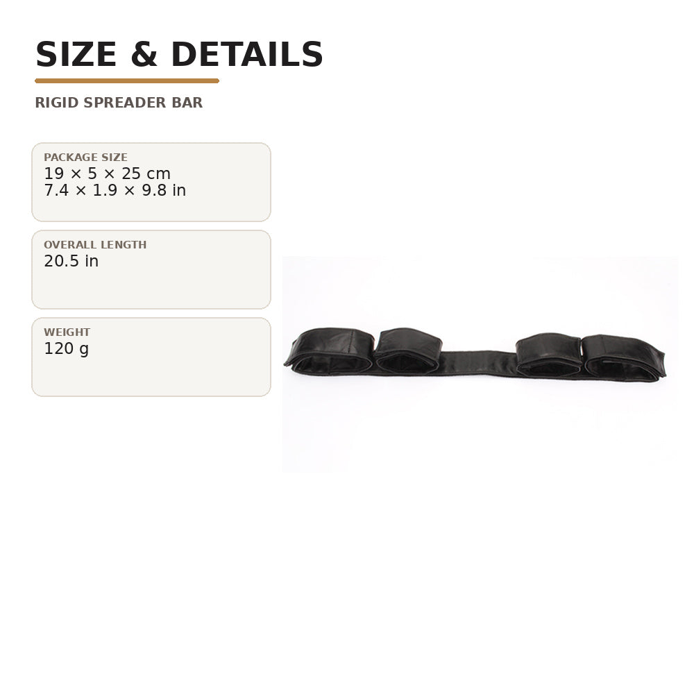Padded spreader strap size guide showing 20.5 in length and 120 g weight.