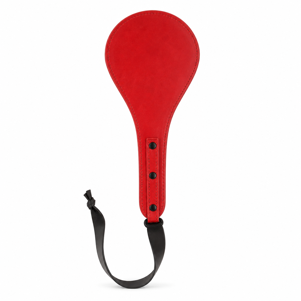 Red round leather paddle with three black rivets and a black wrist strap on a clean white background.